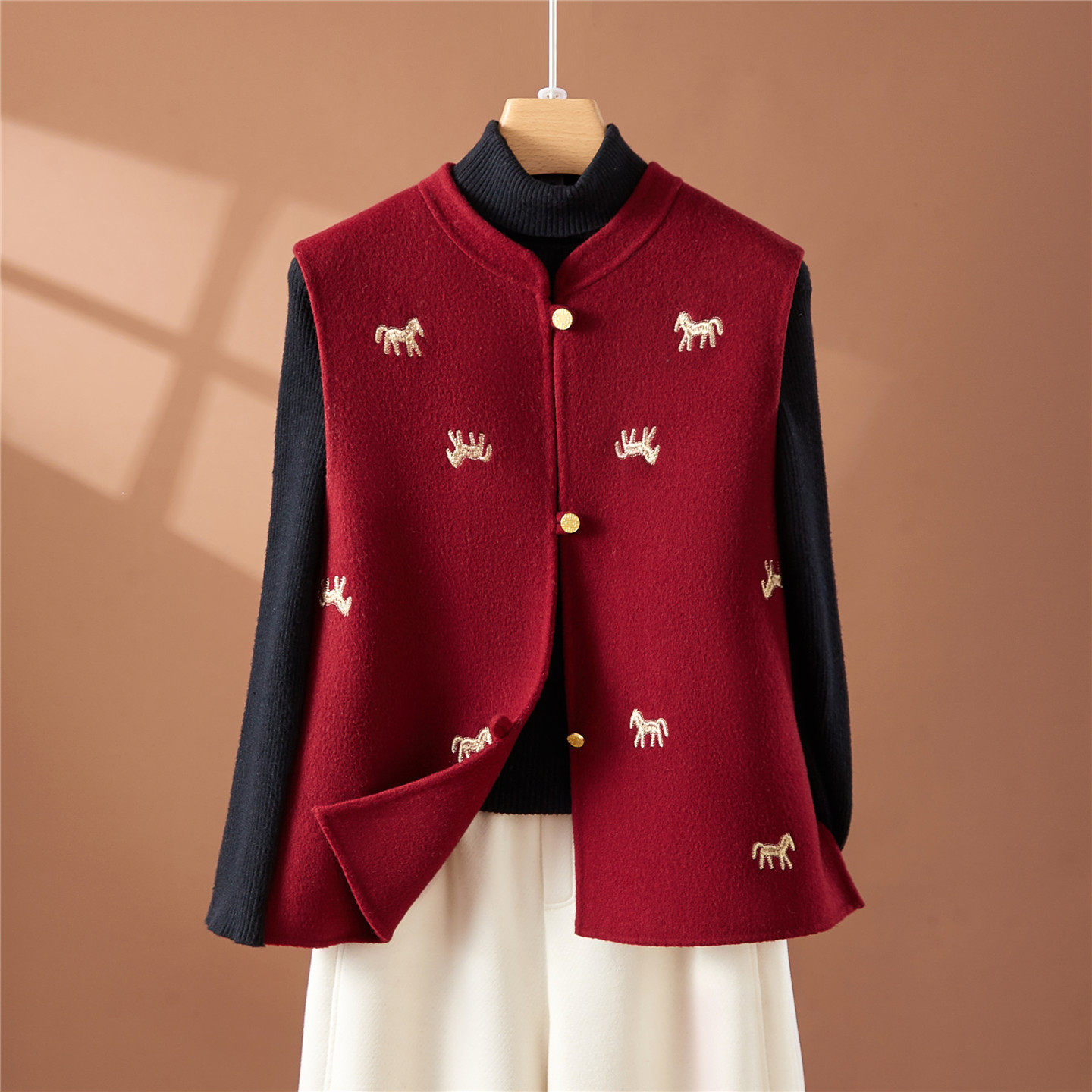 红色新中式国风双面呢马甲夹短款女马上有钱羊毛呢外套羊绒背心潮,女装/女士精品,大码呢大衣,淘宝优惠券,粉丝福利购,淘宝优惠卷
