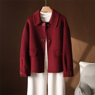 短款毛呢外套女小个子羊毛2025秋冬新款红色小翻领双面羊绒大衣女