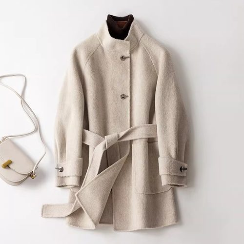 系带赫本风90羊毛10羊驼毛呢外套