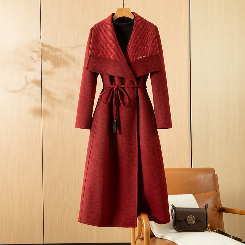 高端气质大翻领系带双面羊毛大衣