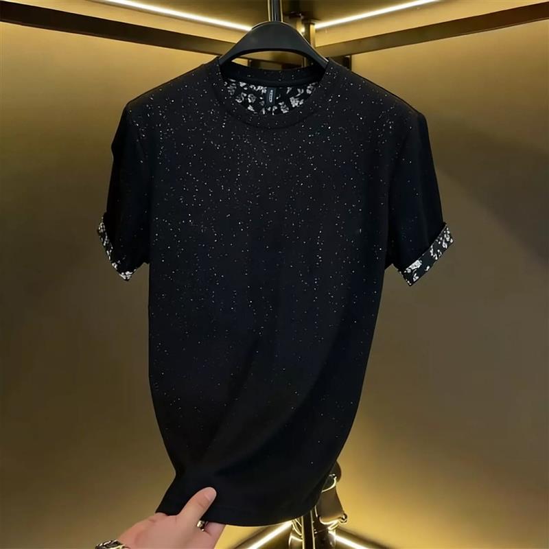 轻奢潮牌男士黑色短袖满天星T恤圆领时尚休闲上衣潮流半截袖T恤