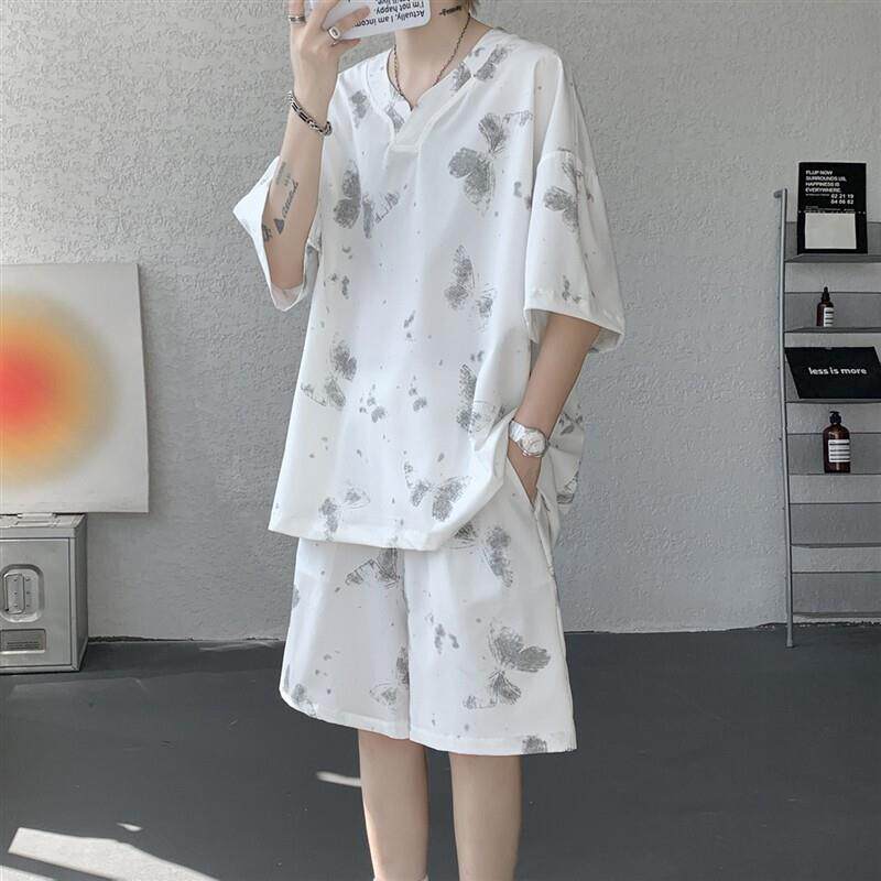 冰丝速干蝴蝶短袖套装男ins夏季加肥加大码潮胖人宽松T恤短裤一套