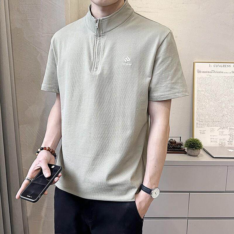 男士短袖T恤2026夏季新款半拉炼上衣服休闲立领polo衫男冰丝夏装