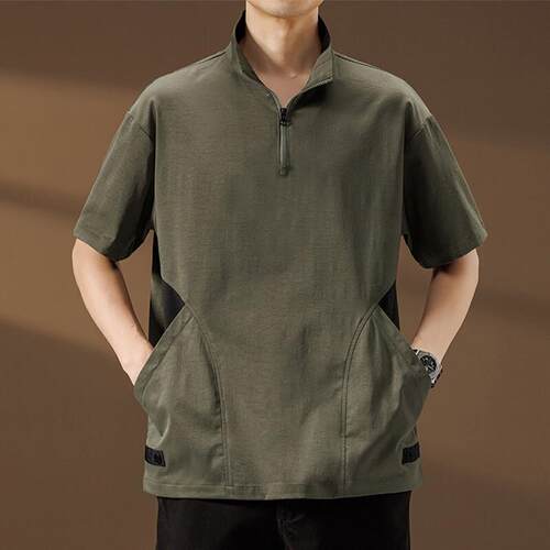 半拉炼短袖男夏季新款侧插口袋冰丝半袖T恤男设计感薄款速干T恤T