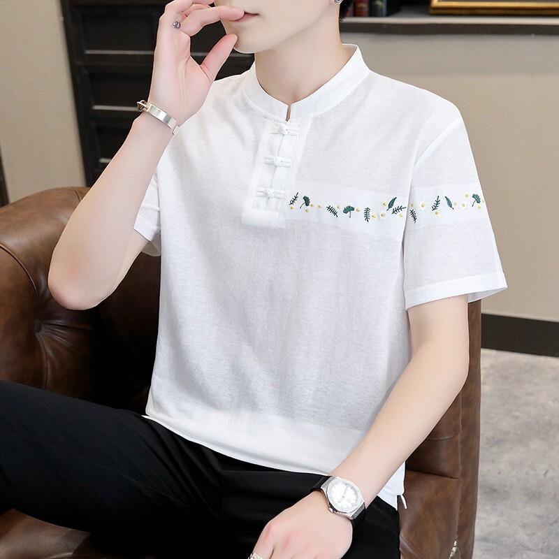 棉麻短袖t恤男士夏季立领盘扣polo衫潮牌刺绣中国风亚麻半袖衣服