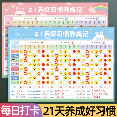 21天好习惯暑假打卡墙贴家庭互动