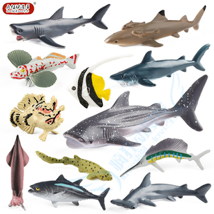 仿真深海鱼群玩具海洋生物模型金枪鱼马夫鱼鱿鱼海豚鲨鱼套装摆件