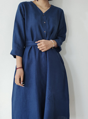 惬意 春季新款天然汉麻V领收腰长袖连衣裙 复古通勤长裙气质显瘦