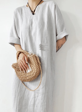 新中式禅意汉麻连衣裙盘扣小众设计V领蝙蝠袖收腰显瘦中长款裙子