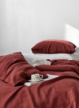 100%汉麻床品 复古酒红，慵懒入眠汉麻酒红色四件套