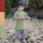 交领半臂童装 夏装 汉服衣裤 素短袖 全套明制亲子全棉汉元 淮边筱竹