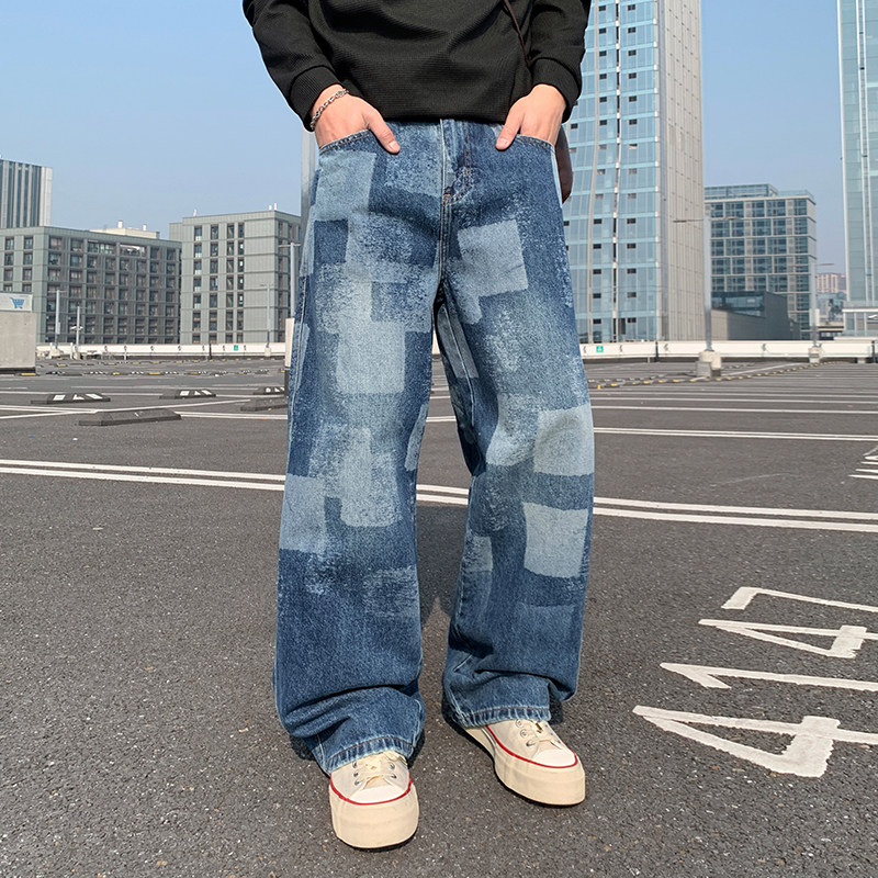 美式高街马赛克棋盘格裤子潮牌痞帅炸街男牛仔裤潮流宽松直筒长裤