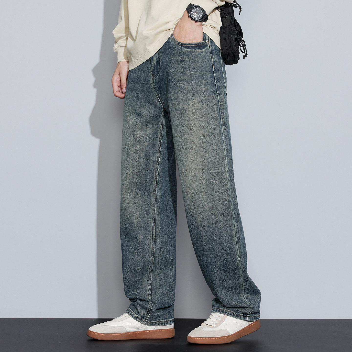 春季高街水洗蓝灰牛仔裤男 宽松直筒阔腿垂感显瘦长裤