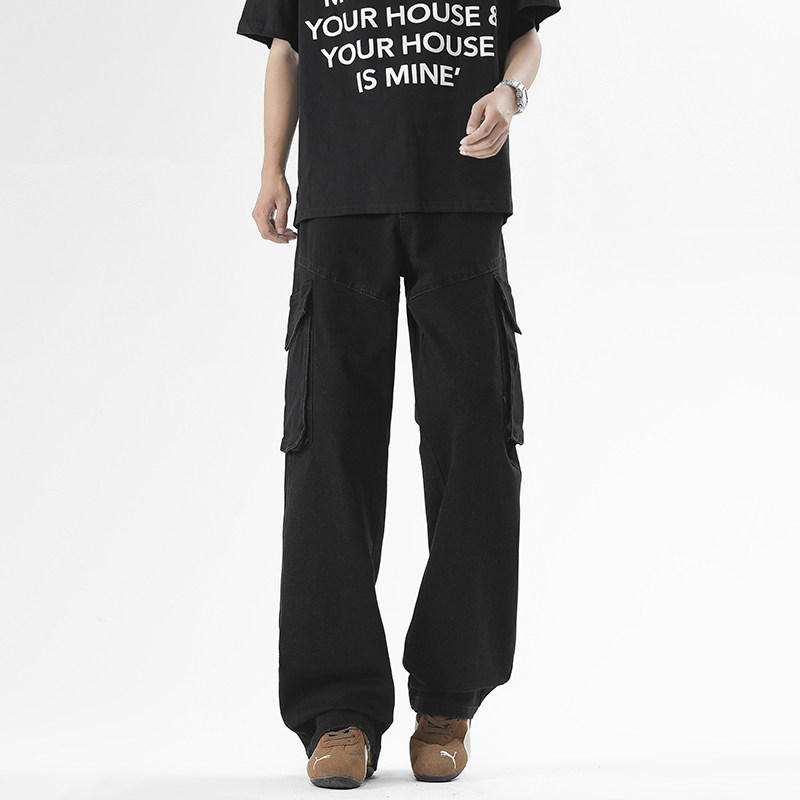 大码秋季新款工装多口袋长裤宽松休闲弹力直筒微喇裤子男生牛仔裤