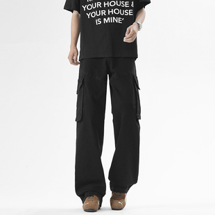 大码秋季新款工装多口袋长裤宽松休闲弹力直筒微喇裤子男生牛仔裤