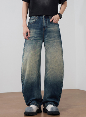 蓝色阔腿牛仔裤男2026新款美式ins高街直筒裤男款春秋款宽松裤子