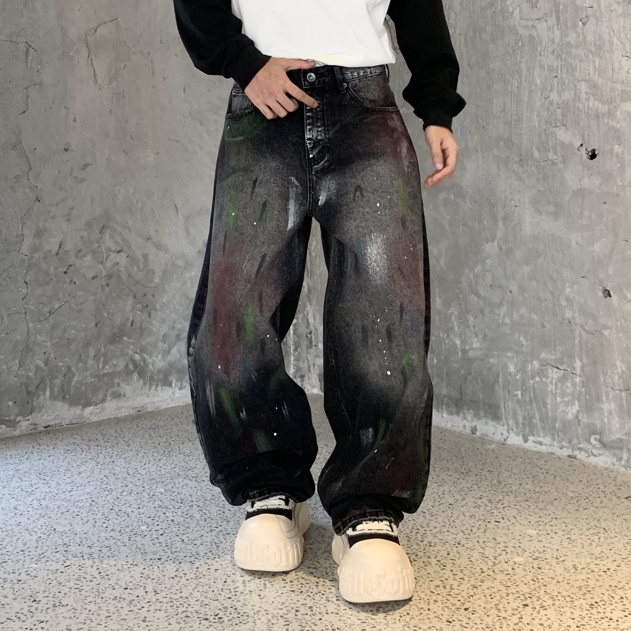 新款潮牌宽松时尚痞帅直筒休闲百搭星河黑色水洗牛仔裤弯刀裤男士