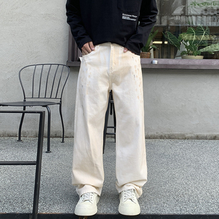 美式复古做旧泼墨设计牛仔裤男高品白色宽松直筒阔腿休闲长裤子潮