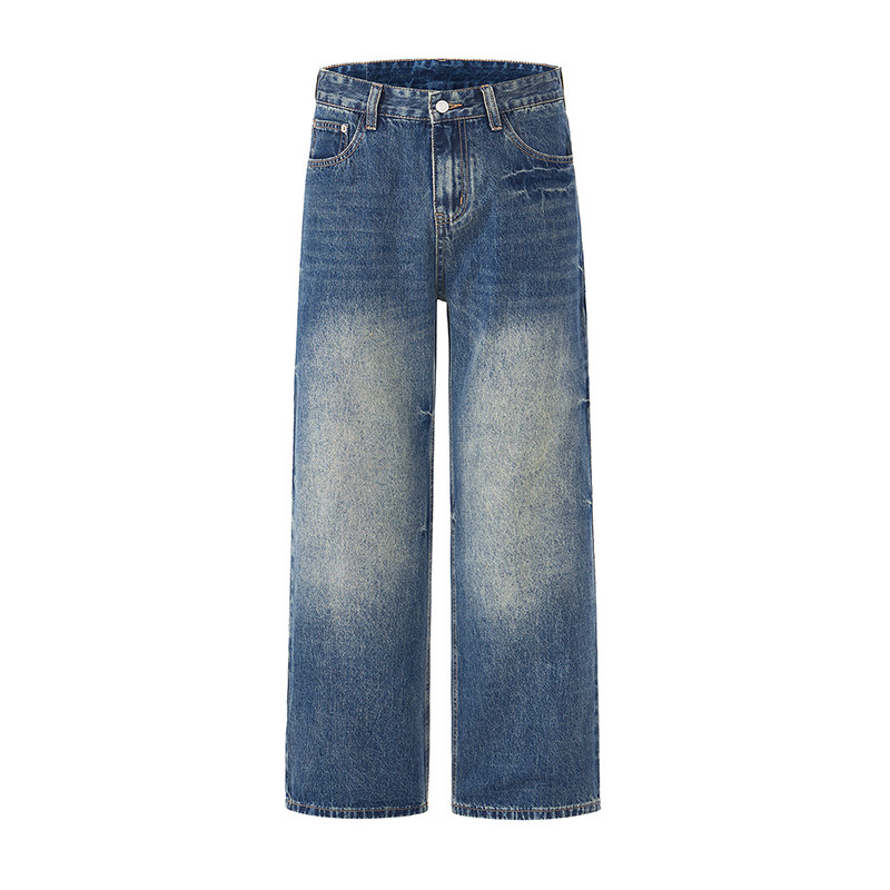 美式复古宽松蓝色牛仔裤男潮牌小众设计感猫须长裤情侣百搭阔腿潮