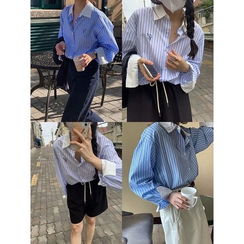 bluepops宽松小众翻领条纹衬衫女