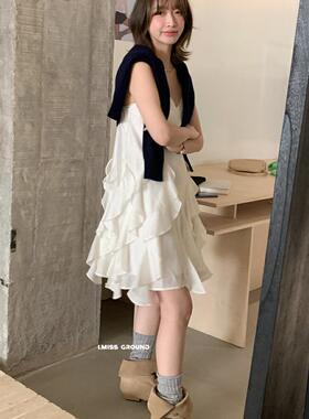 imiss 蕾丝荷叶边吊带裙女2025春季新款小个子a字短款度假仙女裙
