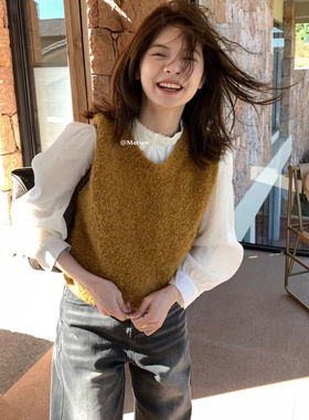 Hers 2025冬季简约复古洋气百搭韩系毛毛针织马甲女叠穿马夹8331