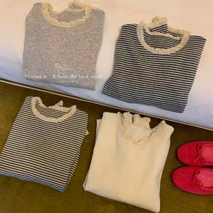 peanut花生家 2025秋冬韩系百搭舒适时尚花边领打底针织衫女289