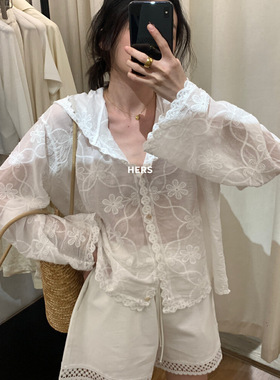 Hers2025夏季韩系简约度假风感钩花蕾丝防晒衫连帽短外套女20711