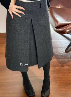 KAPOK 2025冬季复古通勤压褶显瘦毛呢A字中裙洋气半身裙子女35032