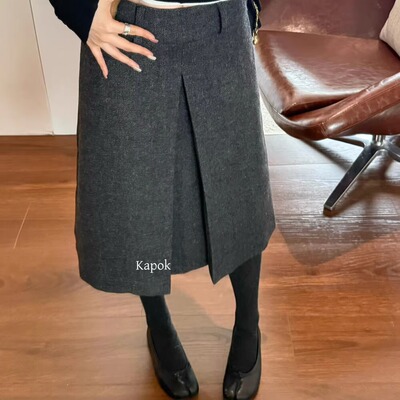 压褶显瘦毛呢A字中裙KAPOK半身裙
