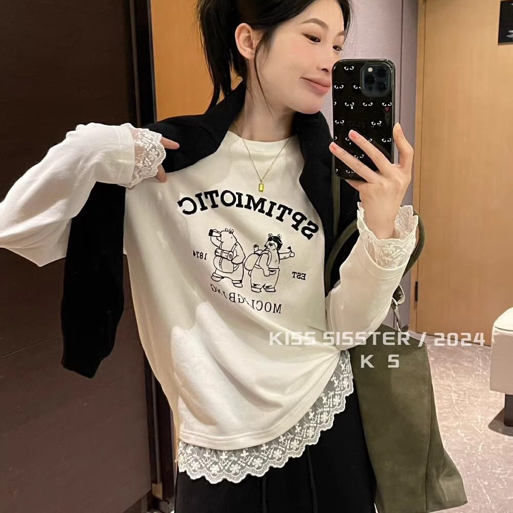 蕾丝拼接字母印花磨毛长袖T恤女