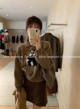 alive复古翻领熊猫短款毛衣女2024秋冬设计感宽松软糯打底针织衫