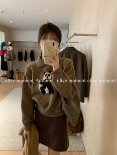 alive复古翻领熊猫短款毛衣女2024秋冬设计感宽松软糯打底针织衫