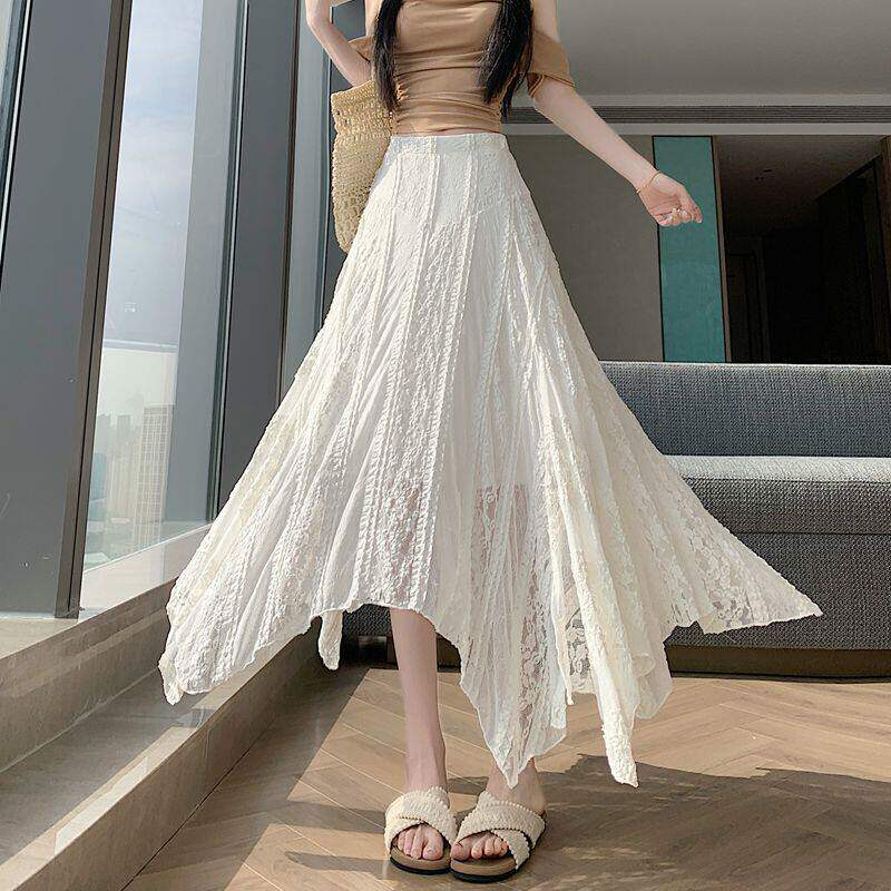 白色不规则蕾丝A字半身裙女2026夏季新款高腰中长款垂坠感大摆裙
