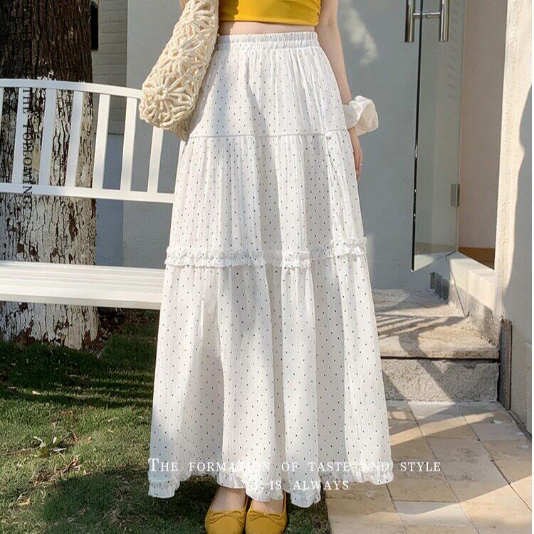 白色木耳边波点A字半身裙女2026春夏新款高腰显瘦大摆蛋糕长裙