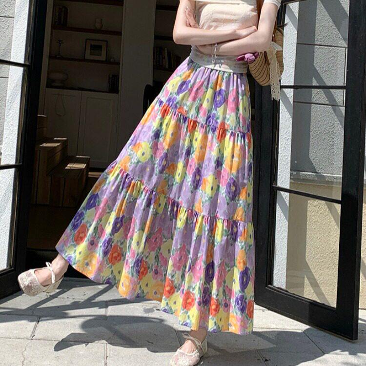 复古油画印花棉质半身裙女2026夏季高饱和度撞色碎花蓬蓬裙蛋糕裙