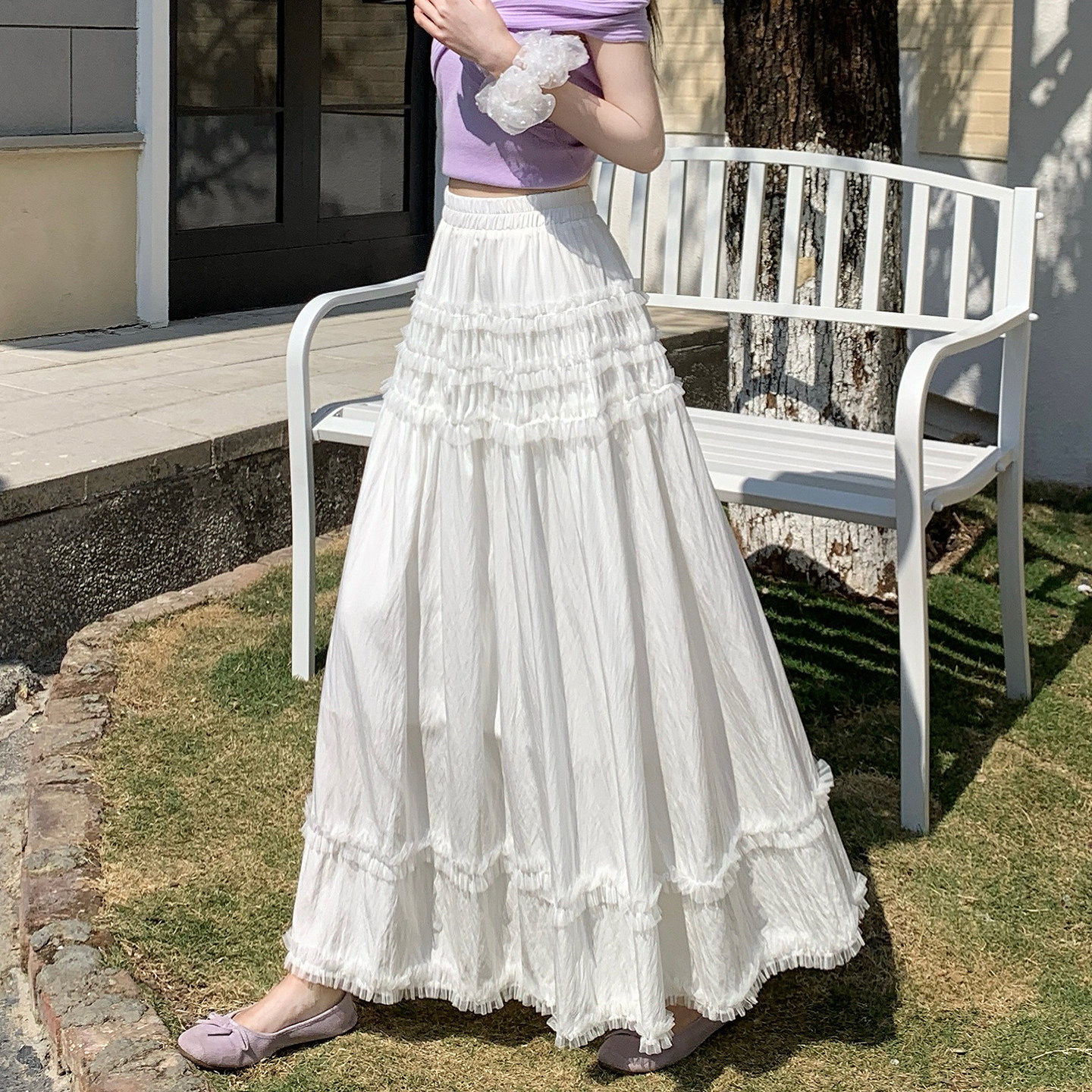 白色木耳边蛋糕裙女2026春夏新款高腰显瘦A字长裙甜美减龄半身裙