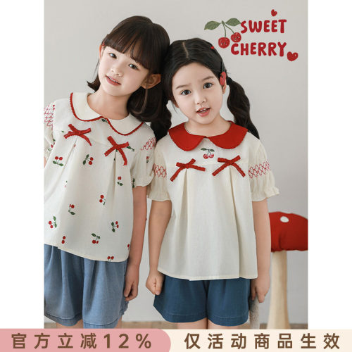 幼悠女童小巧玲珑双蝴蝶结娃娃衫夏季甜美可爱轻薄透气樱桃衬衫潮