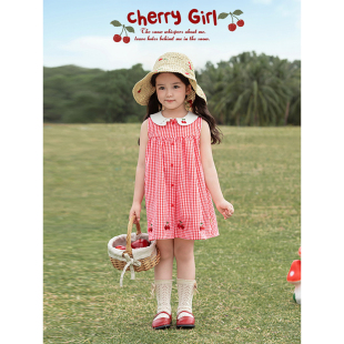 幼悠女童复古清新色织红格背心裙夏季 柔软亲肤猫咪造型翻领裙子潮