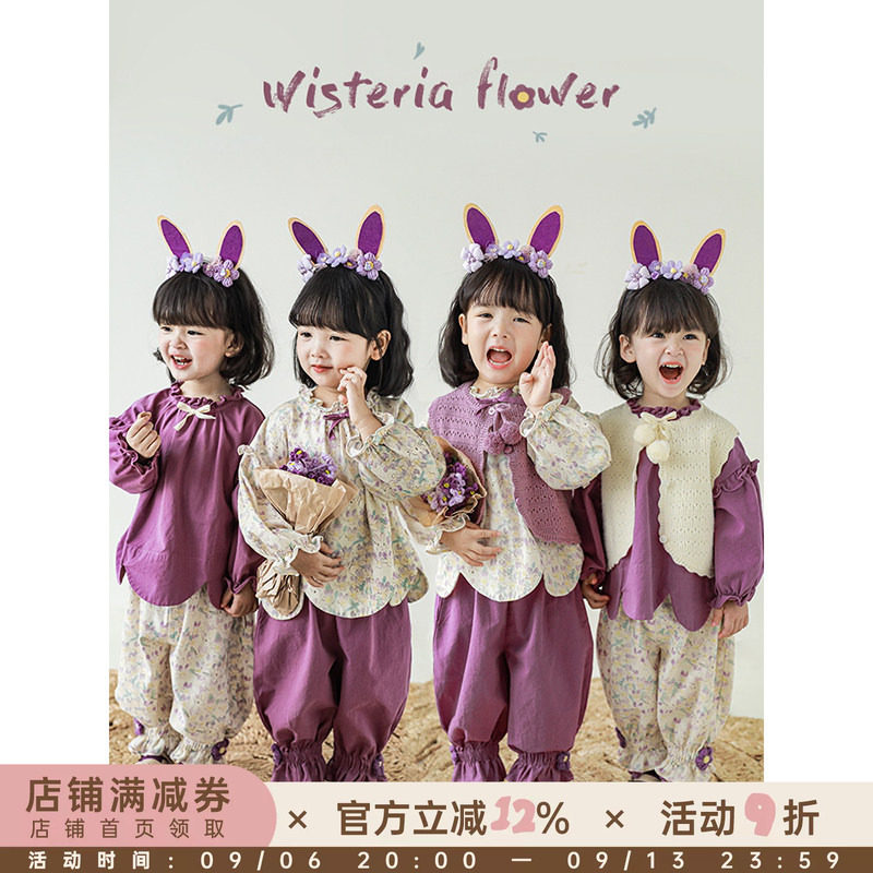 幼悠女童大翻领娃娃衫可爱宽松立体蝴蝶结宝宝秋季时尚宽松束脚裤
