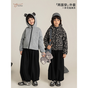 幼悠女大童抗风保暖炫酷豹纹一衣两穿小熊耳休闲连帽时尚毛绒外套