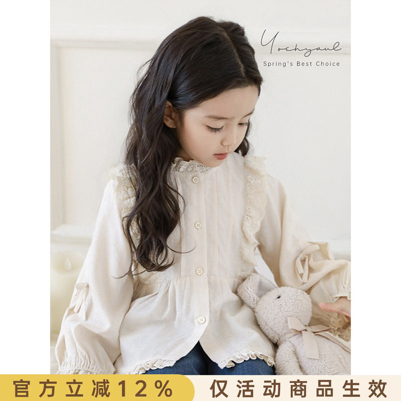 幼悠女童洛丽塔风衬衫2026春季甜美可爱小灯笼袖镂空花边休闲上衣图片
