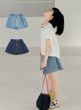 幼悠女大童不褪色牛仔短裤侧边立体工装口袋时尚外裙片假两件裤子