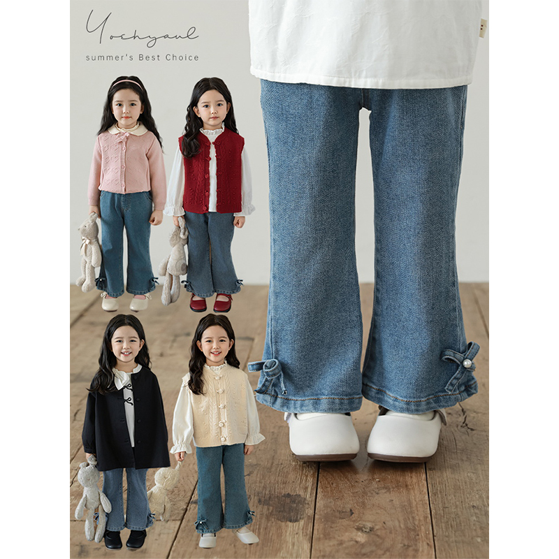 幼悠女童蝴蝶结牛仔喇叭裤春秋元气可爱亲肤柔软珍珠蝴蝶休闲裤子