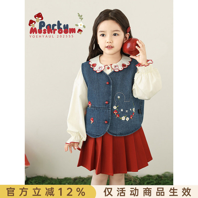 幼悠女童2026春季套装时尚复古蘑菇绣标马甲立体蝴蝶结韩系灯笼裤图片
