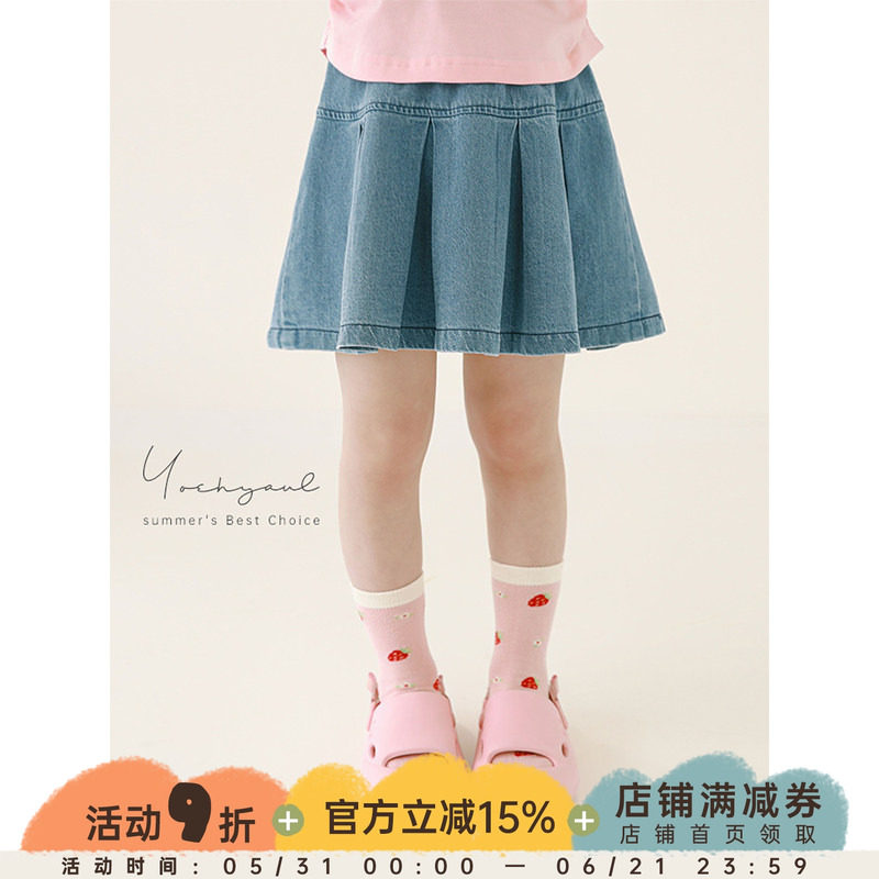 幼悠女童牛仔工字百褶短裙夏季灵动俏皮轻薄凉爽柔软细腻半身裙潮