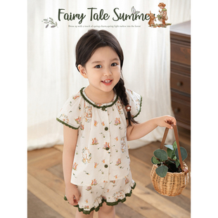 幼悠女童森系小兔套装夏季柔美花边俏皮飞袖娃娃衫宽松清凉小短裤