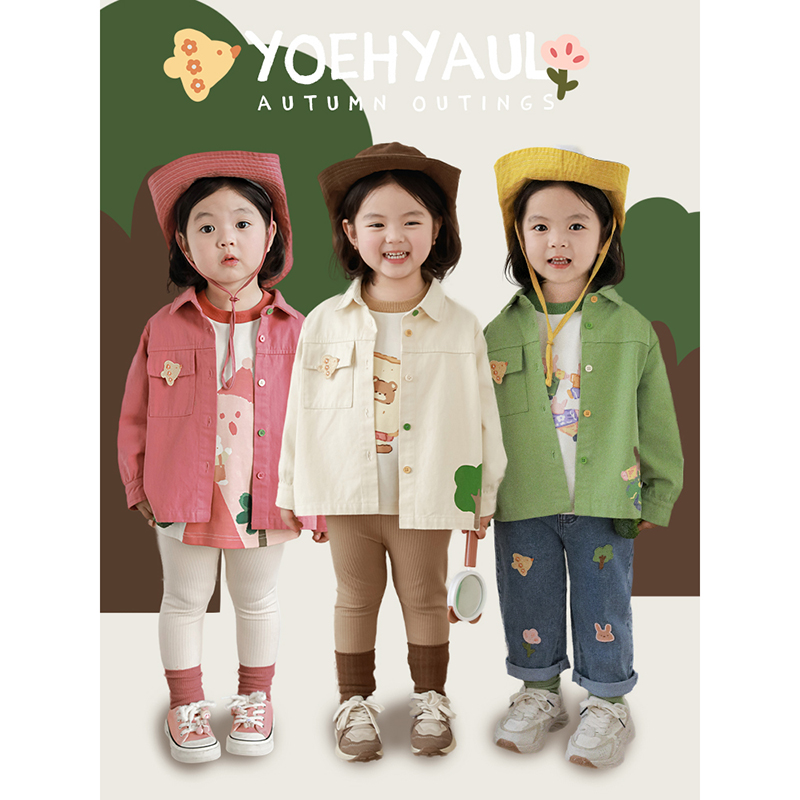 幼悠女童简洁乖巧翻领卡通绣标印花衬衫甜美可爱糖果纽扣休闲外套