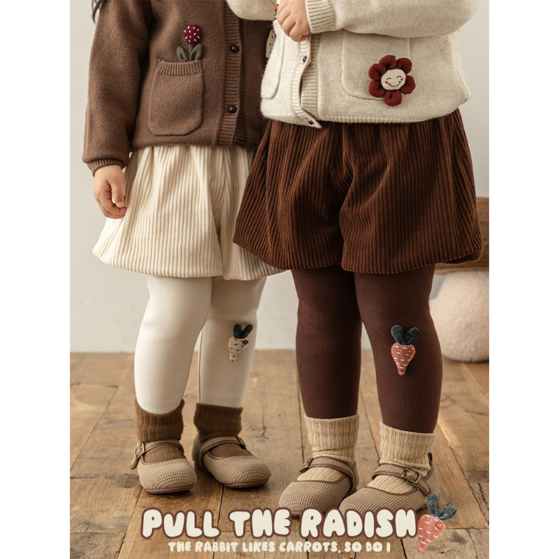 幼悠女童加绒加厚假两件打底南瓜裤冬季手缝立体胡萝卜休闲裤子潮