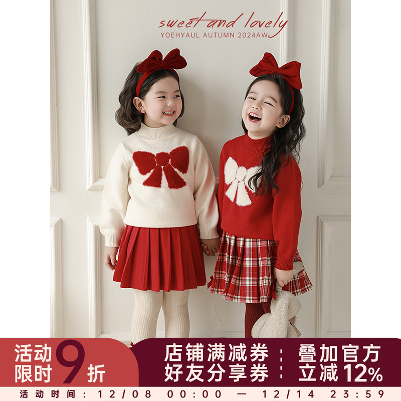 幼悠女童撞色蝴蝶结半高领毛衣冬季俏皮可爱罗纹织边防风保暖上衣